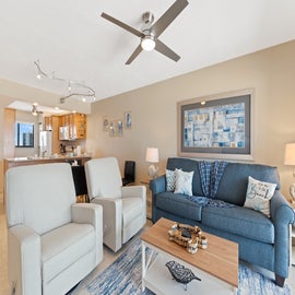 Coastal and Cozy living Room with Queen Sleeper Sofa