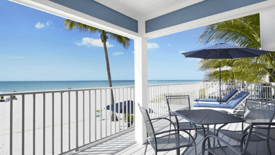 Beach patio view from the Catch and Relax vacation rental home in Fort Myers Beach.