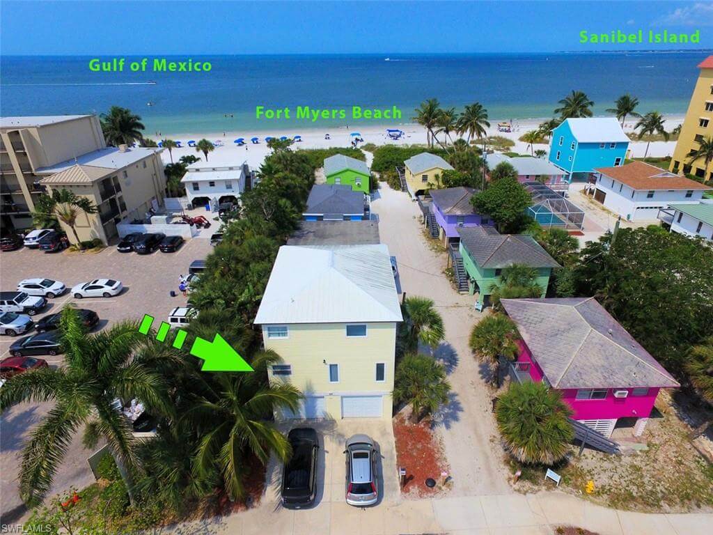 Heavenly Cottage Fort Myers Beach Vacation Home Aerial Photo, showing proximity to beach front.